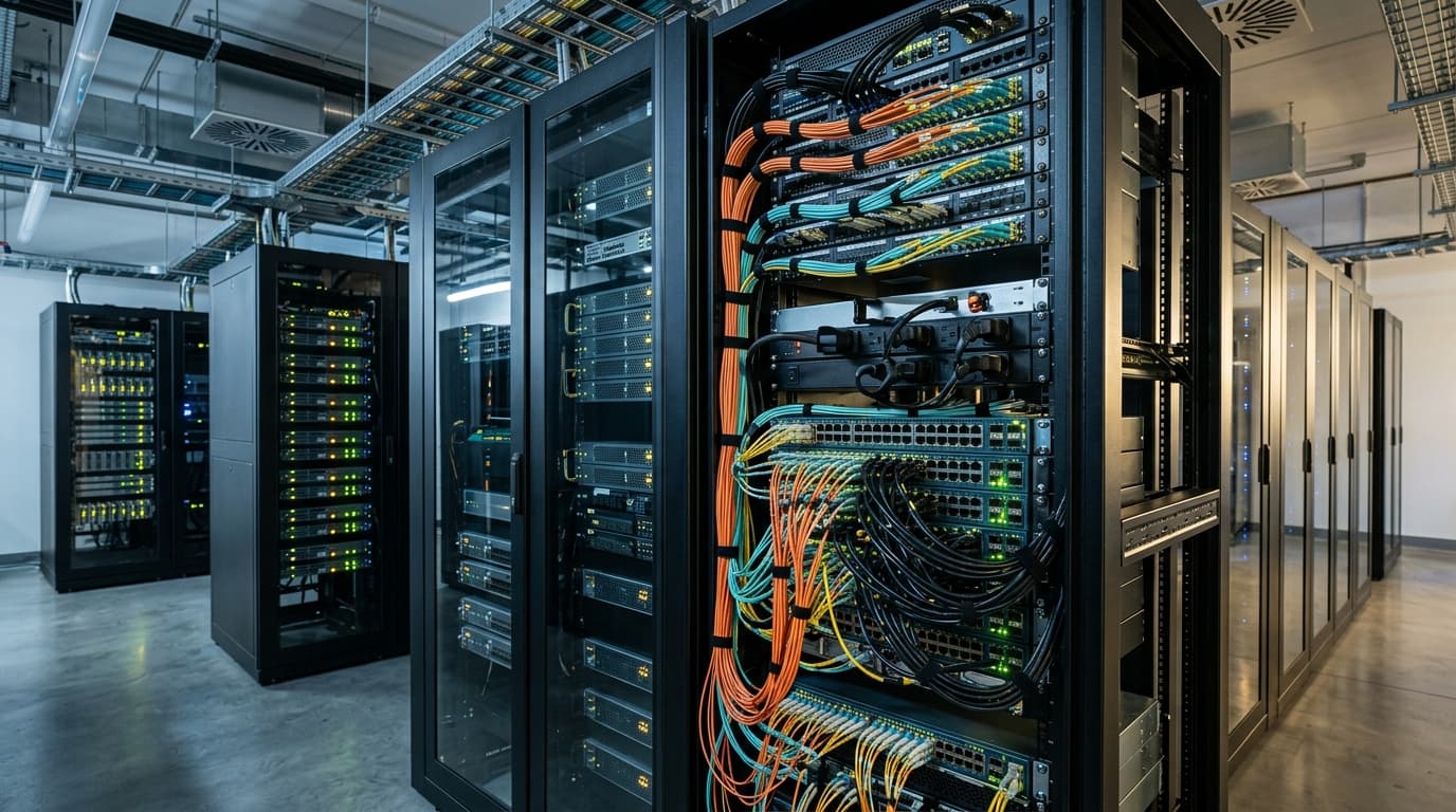 Illustrative concept: a clean server rack with organised fiber optic and network cabling