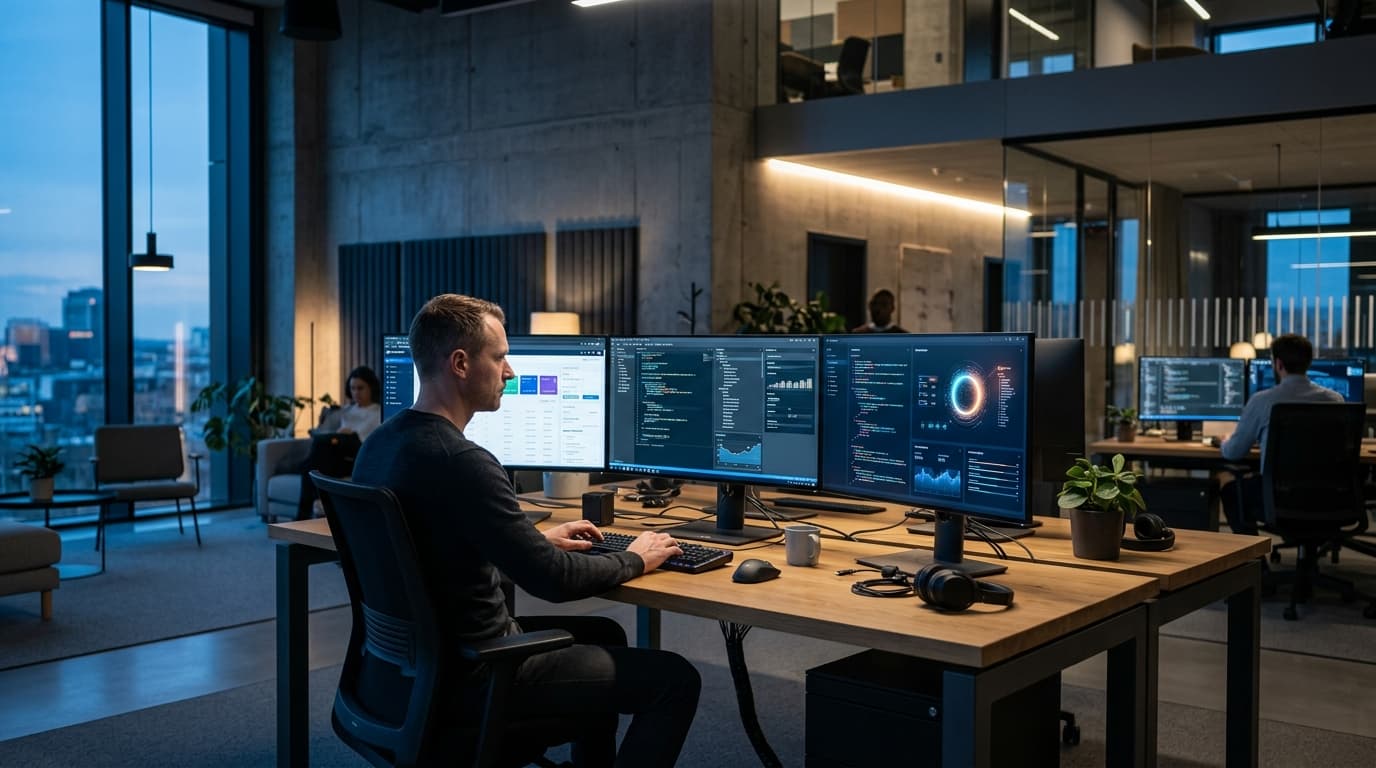 Illustrative concept: a modern workspace with laptop and phone screens showing abstract dashboards