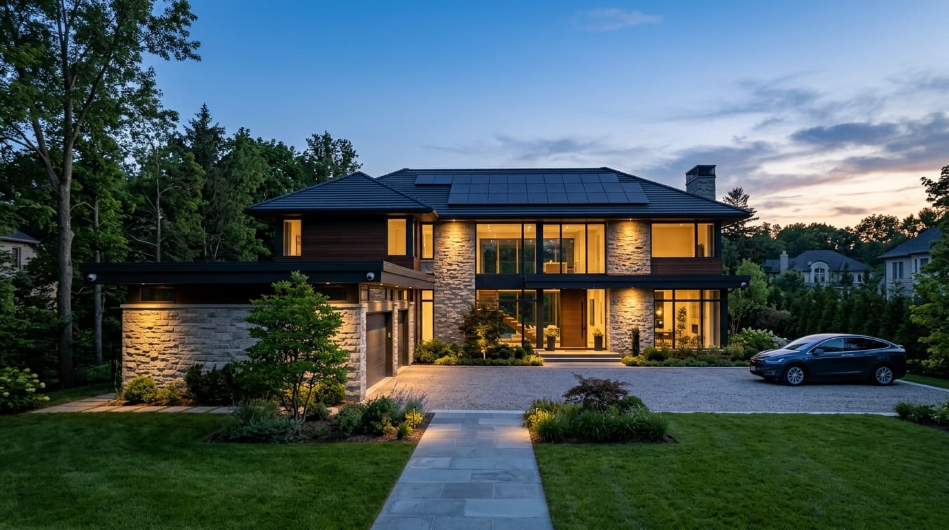 Illustrative concept: a modern home with a video door phone, security camera and rooftop solar