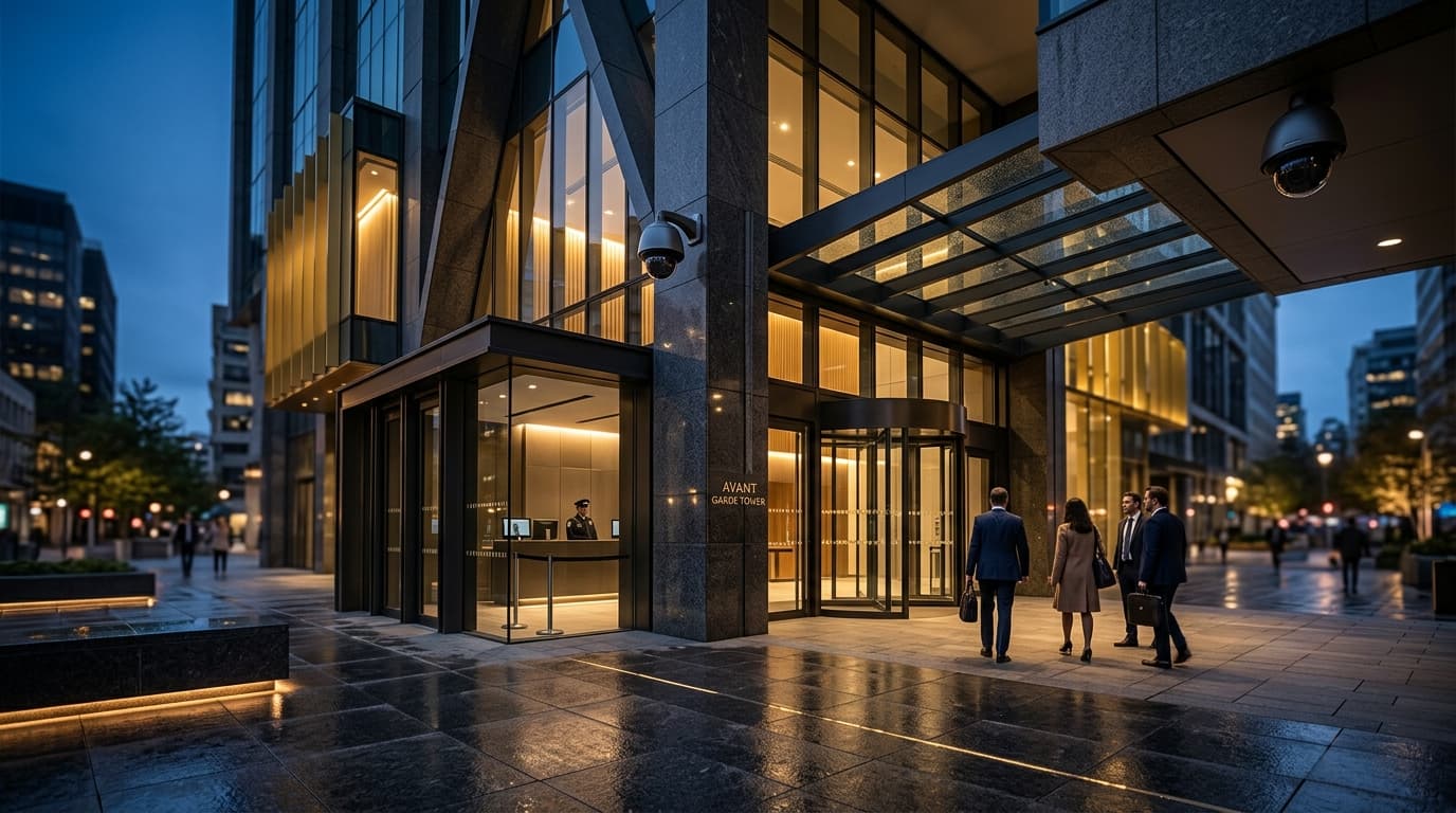 Illustrative concept: modern CCTV cameras mounted on a contemporary building facade