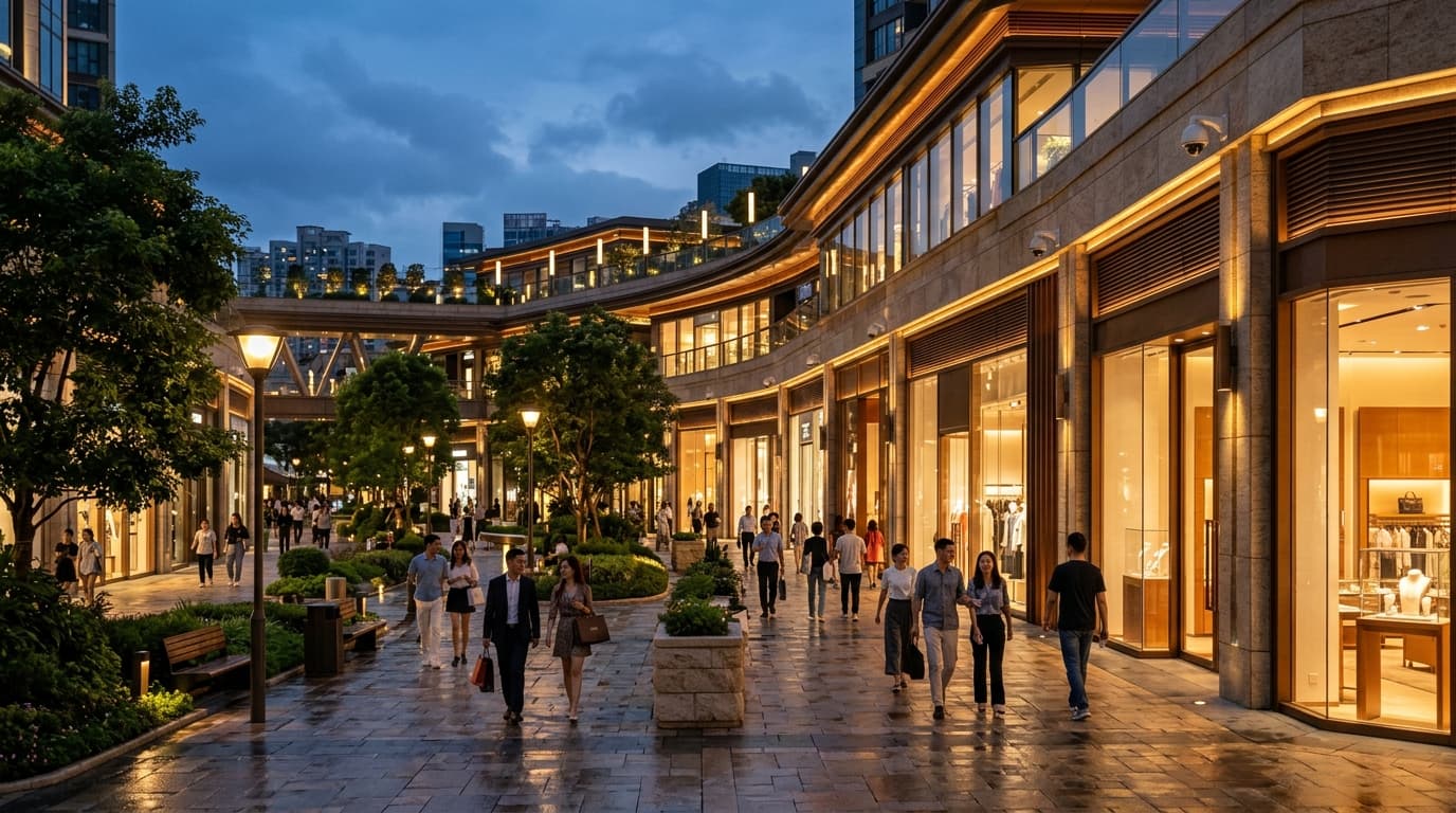 Illustrative concept: a premium retail showroom frontage at dusk