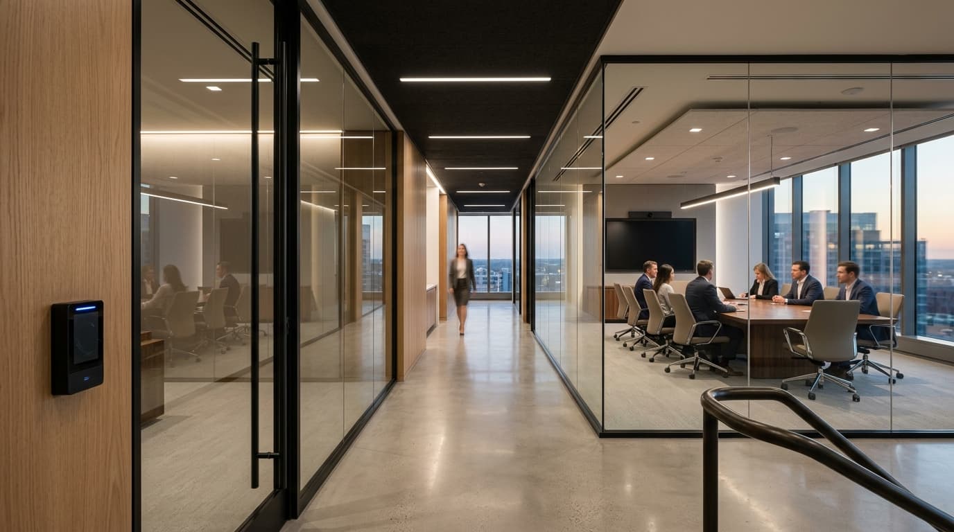 Illustrative concept: a premium office interior with a biometric entry terminal