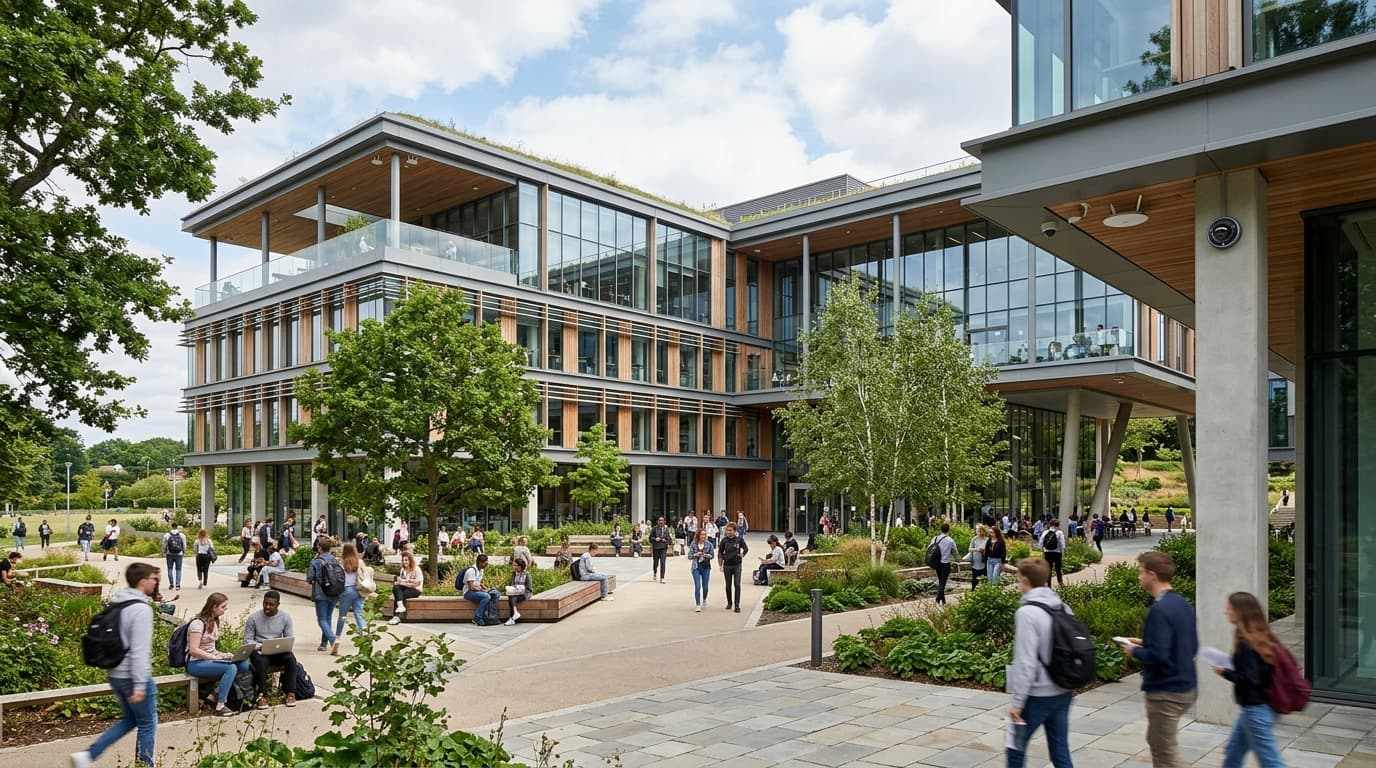 Illustrative concept: a bright campus corridor with dome cameras and Wi-Fi access points