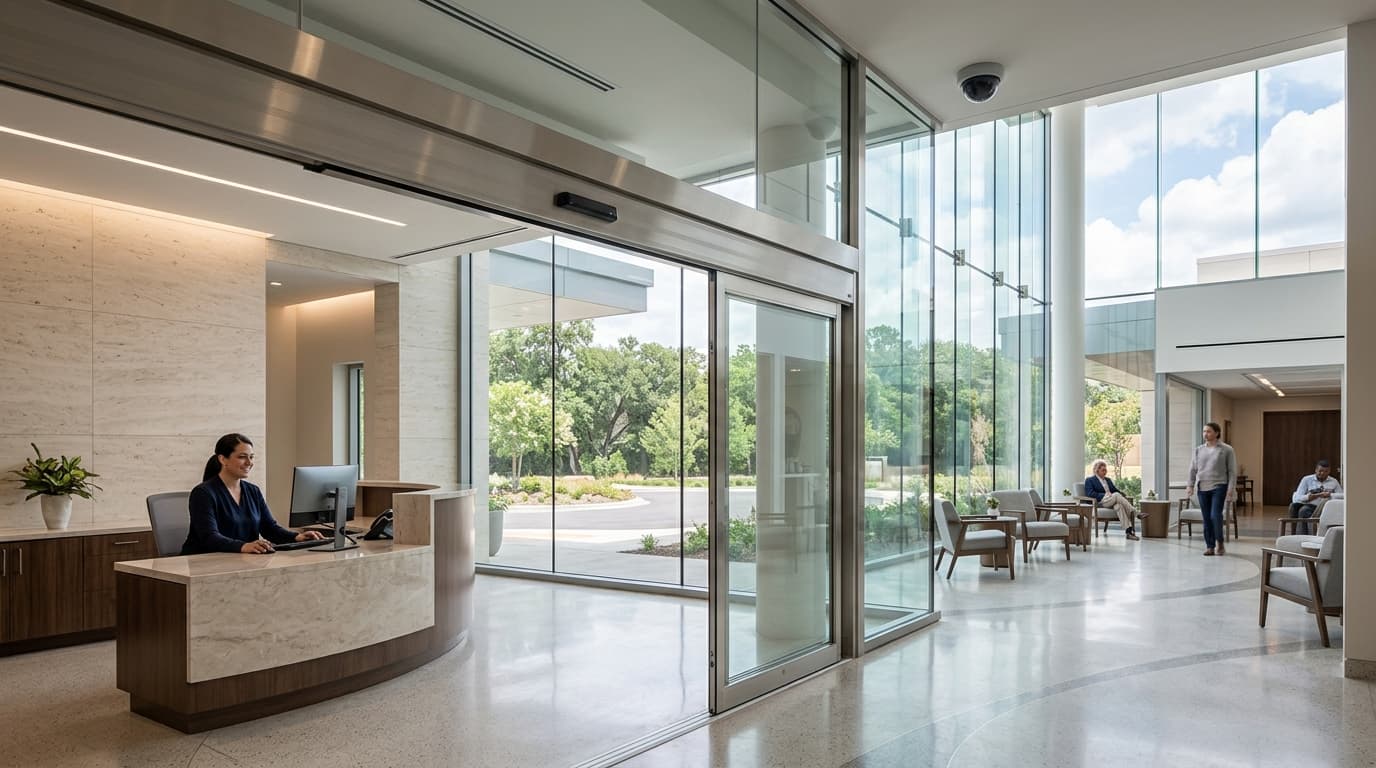 Illustrative concept: a calm, modern hospital corridor with discreet security equipment