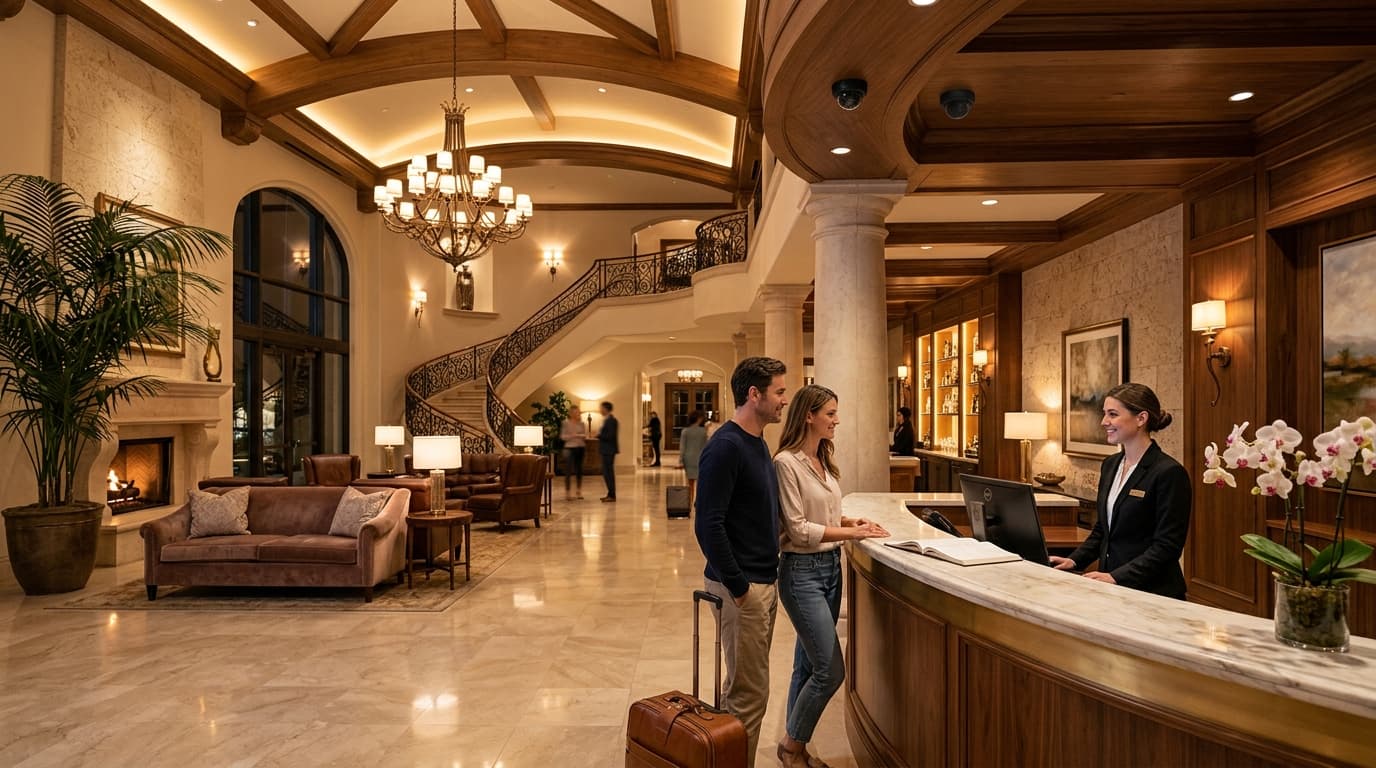 Illustrative concept: an elegant hotel lobby with warm lighting