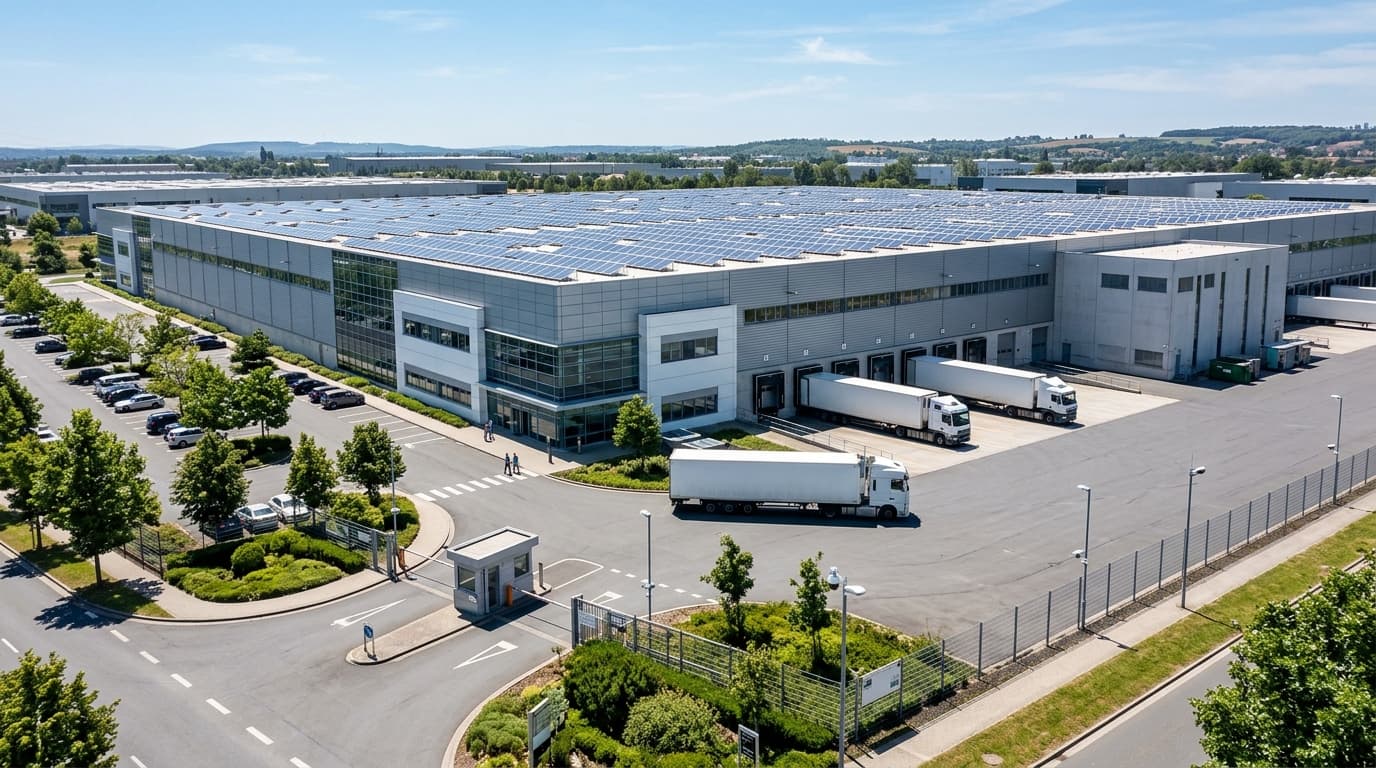 Illustrative concept: a modern factory with a rooftop solar array and perimeter cameras
